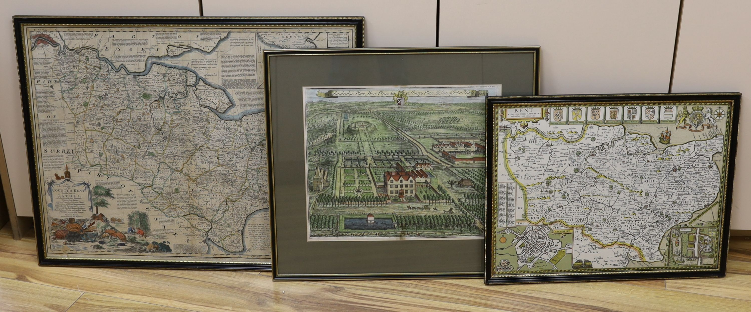 Emmanuel Bowen, coloured engraving, Accurate map of the County of Kent, 53 x 71cm and a Kip coloured engraving of Sundridge Place and a reprinted map of Kent